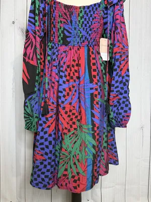 Oddi Zoe Floral Tropical Leaves Dress Size L Smocked Back Long Sleeve NWT thumbnail 9