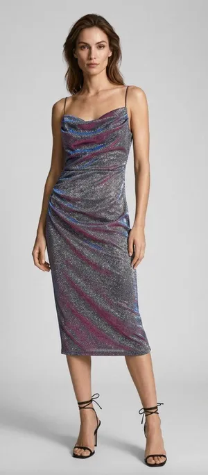 SHEIN Multicolored Iridescent Metallic Slip Midi Dress Sz L thumbnail 1