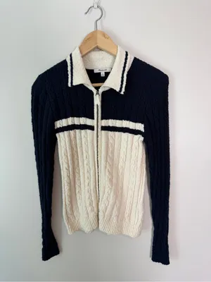 Madewell Cable Knit Zip Cardigan Sweater Collar Navy Medium thumbnail 2