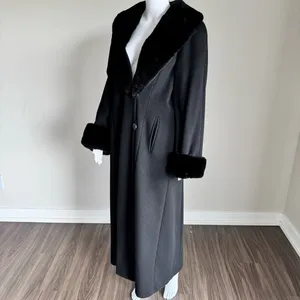 Women’s Outerwear Winter Black Fur Trim Cashmere Wool Long Coat Size M thumbnail 4