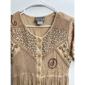 Vintage 90s MPH Embroidered Crinkle Gauze Maxi Dress Boho Hippie‎ Artsy Ren Fair thumbnail 3