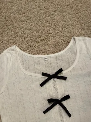 White Pointelle Bow Long Sleeve Size M thumbnail 3