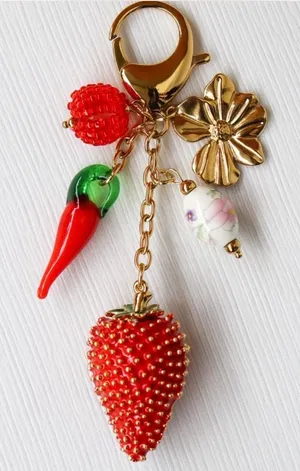 Red and gold handbag chain and keychain strawberry farm charms thumbnail 1