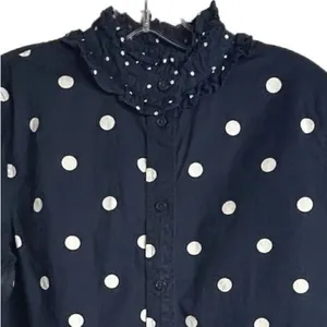J. Crew Women's Size 6 Blue Polka Dot Ruffle‎ Neck Button-Up Shirt thumbnail 2