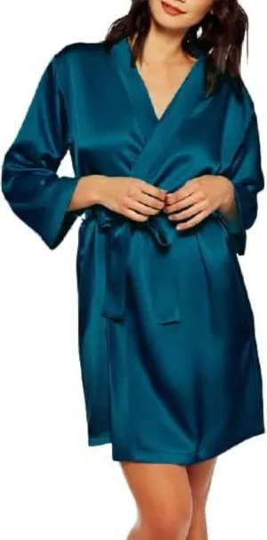 Icollection Teal Short Satin Robe Blue Size L thumbnail 1