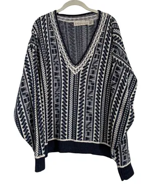 Vintage Crossings Fine Line Geometric Cotton V-Neck Sweater Size Large thumbnail 1