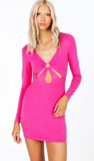 New PRINCESS POLLY Hot Pink Low Cut Long Sleeve Bodycon Mini Dress Sexy Size‎ 12 thumbnail 1