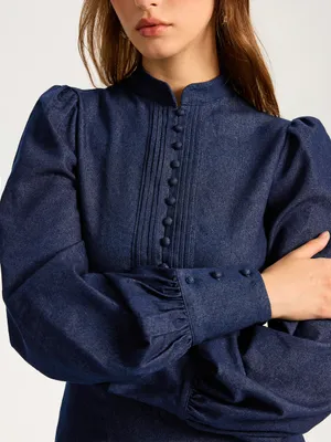 Commence Denim Stand Collar Puff Sleeve Mini Dress thumbnail 3