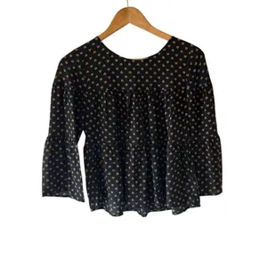 MADEWELL Silk Tiered Button-Back Top Heart Flip Black Gold 3/4 Sleeve Blouse siz thumbnail 3