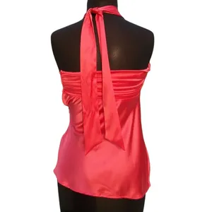 Cache Coral Silk Ruched Lace Up Halter Top New Built In Bra Stretch NWT $98 thumbnail 4