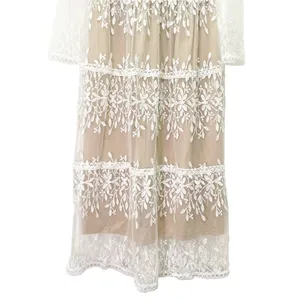 Bohme Lola Lace Midi Dress Small Beige Ivory Embroidered Sheer Long Sleeve Boho thumbnail 8