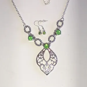 Silver Tone Filigree Pendant Necklace with Green Crystal Accents thumbnail 2