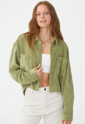 Cotton On Women's Green Cropped Cord Shacket Jacket thumbnail 1