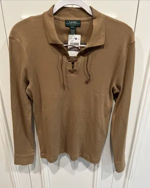 Vintage 90s Y2K Lauren Ralph Lauren Ribbed Polo Shirt Lace Up Camel Tan Heritage thumbnail 1