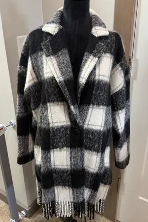 Karen Kane Plaid Fringe Jacket Black White Button Notch Collar Wool Blend S thumbnail 1