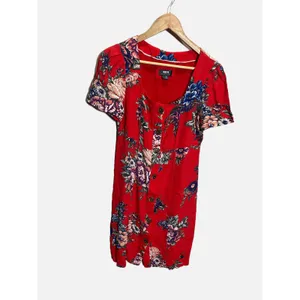 Maeve Dress Women 4 Red Floral Button Front Square Neck Mini Boho Anthropologie thumbnail 4