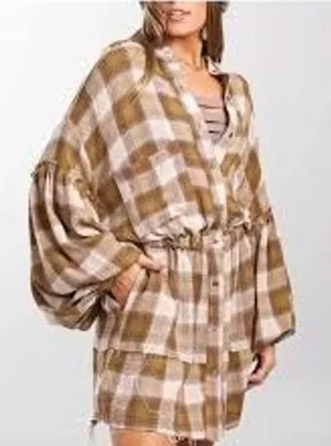 Free People Women Dress XS Brown Plaid Balloon Sleeve Mini Shirt Dress thumbnail 1