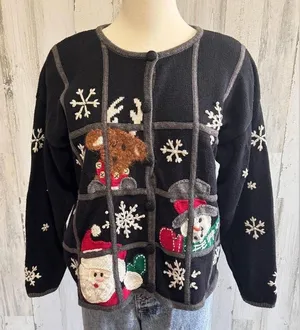 Vintage Santa Snowman Reindeer Cardigan Sweater large embroidery knit‎ whimsical thumbnail 1