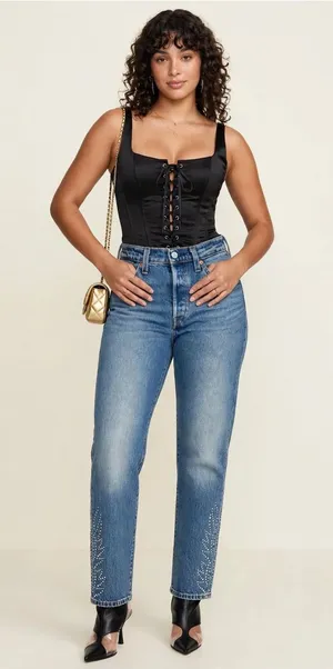 Levi's Women's 501® Straight Leg Jeans in Blue Denim with Tan Patch thumbnail 1