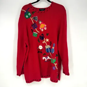 Vintage Red Christmas Sweater Embroidered Santa Toys Gifts Holiday Pullover thumbnail 2