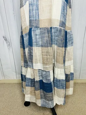 Easel Los Angeles Patchwork Midi Dress Womens Sz L Blue Tan Boho Textured NWT thumbnail 4