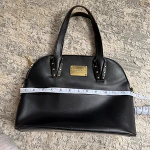 faux leather black Bebe shoulder bag with gold hardware and stud accents thumbnail 6
