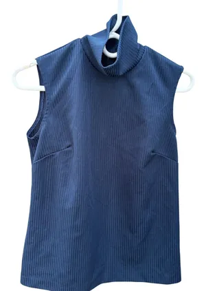 Vintage‎ Mock Neck Top Ribbed Sleeveless Navy Blue Back Zip thumbnail 1