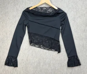 Black‎ Asymmetrical Lace Panel Long Sleeve S Whimsigoth Boat Neck Dark Coquette thumbnail 1
