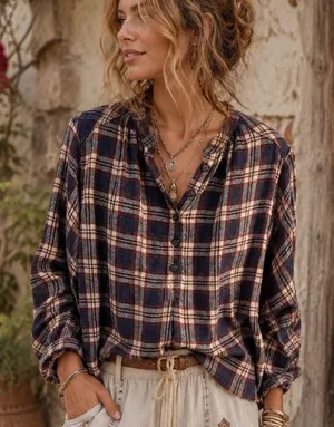Free People Sz XS Button Front Shirt Northern Bound Plaid Flannel Onyx Oversized thumbnail 1