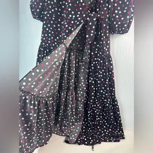 Kate Spade L Drop Waist Wrap Black and Pink Polka Dot Dress thumbnail 10
