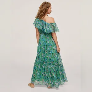 Mango Ruffle One-Shoulder Frill Hem‎ Floral Print Maxi Dress Green Size 2 thumbnail 6