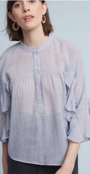 Maeve Anthropologie Women’s Blue White Striped Ruffle Sleeve Cotton Top Small thumbnail 1