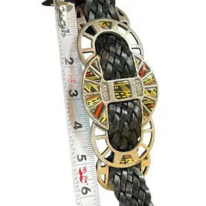 Y2K Chicos Black Braided Leather Chain Belt Enamel Concho Medallion Boho Western thumbnail 9