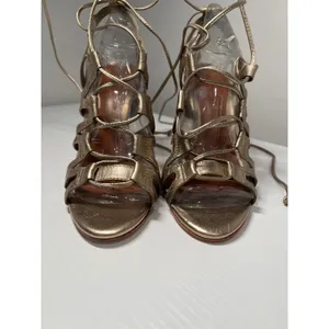 ALDO Metallic Gold Lace Up Gladiator Stiletto Sandals Leather Sole Womens 37‎ thumbnail 3