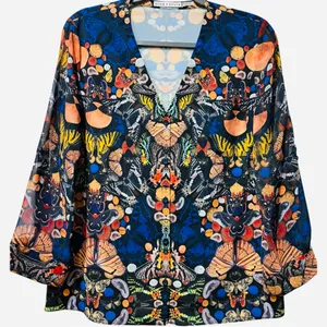 Alice + Olivia Eloise Butterfly‎ Top Painterly Kaleidoscope Printed LS Blouse XS thumbnail 1