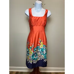 Spense Dress Size 6 Orange Cotton Blend Sleeveless Square Neck Midi Floral Hem thumbnail 6