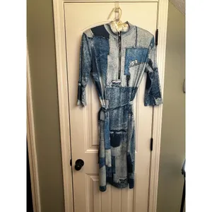 Women’s 2XL Blue Denim Patchwork Print Quarter Zip Midi Dress 3/4 Sleeves Casual thumbnail 14