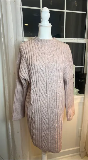 Express Cable Knit Long Sleeve sweater Dress - Pale Pink size large. thumbnail 1