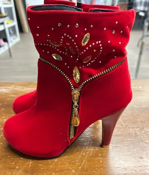 Red Velvet Ankle Boots With Gemstone thumbnail 1