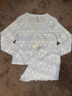Wild Fable Waffle Long Sleeve Top and Shorts Pajama Set in Fair Isle Blue Bunny thumbnail 3