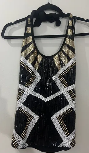 2B Bebe Black and Gold Sequin Halter Top thumbnail 1