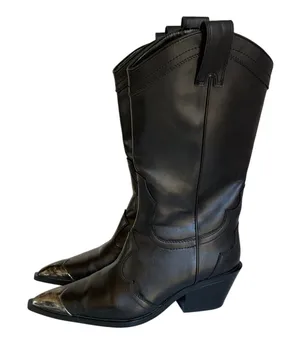 ZARA Women’s Black Western Cowboy Boots Size 37 US 6.5 Silver Metal Toe Y2K thumbnail 1