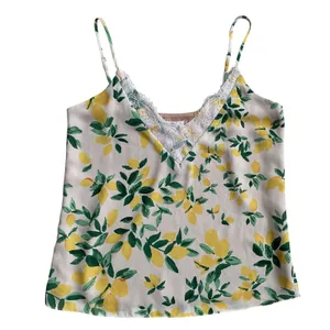 Socialite Womens Small‎ Lemon Print Lace Trim Cami Top Adjustable Straps Yellow thumbnail 3