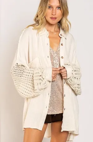 POL Openwork Crochet Lantern Sleeve Cotton Gauze Oversized Button Shirt Jacket thumbnail 1