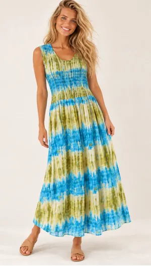 CW Classics Smocked Maxi Dress Watercolor Boho Beach Coastal Sleeveless Tropical thumbnail 1