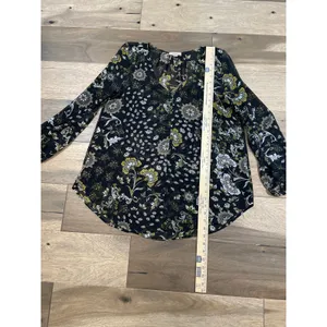 LOFT Outlet Blouse Size M Black Olive Paisley Floral Sheer V Neck Long Sleeve thumbnail 5