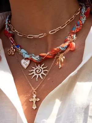 ☀️BOGOHO☀️Layered Sun & Cross Necklace Set with Orange & Blue Scarf Accent thumbnail 2