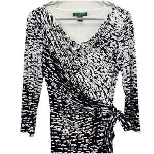 Ralph Lauren Black White‎ Geo Faux Wrap Tie 3/4 Sleeve Stretch Sheath Dress 4 thumbnail 3