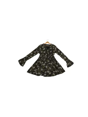 Doe & Rae Floral Mini Dress S Black Whimsigoth Bell Sleeve Smocked Boho thumbnail 4