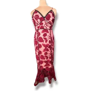 Lulus Alluring Dream Burgundy Floral Mesh Lace Trumpet Midi Dress Large Romantic thumbnail 2